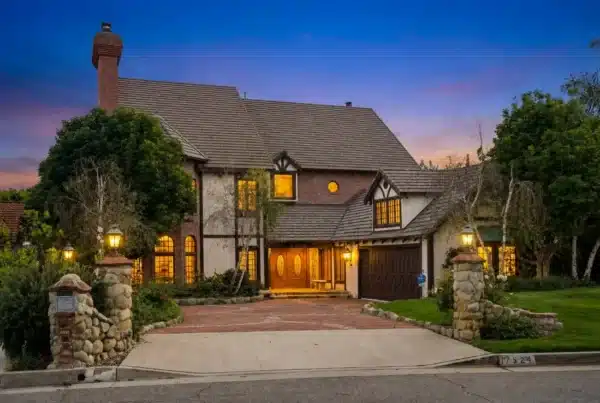 Exterior of the Tudor-style iRely Recovery house in Northridge, Los Angeles at dusk